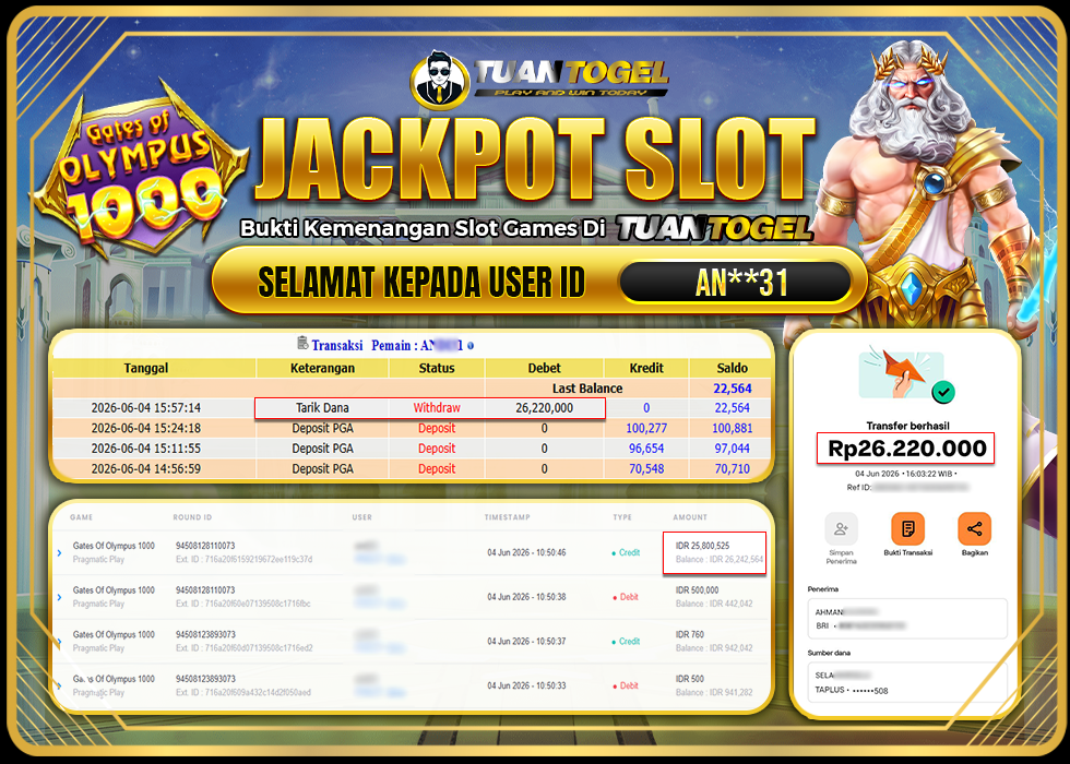TUANTOGEL JACKPOT SLOT GATES OF OLYMPUS 1000 Rp26.220.000